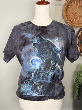 Vintage Tee T-Shirt Short Sleeve Tie Dye Wolves Waterfall Moon Blue Gray Large